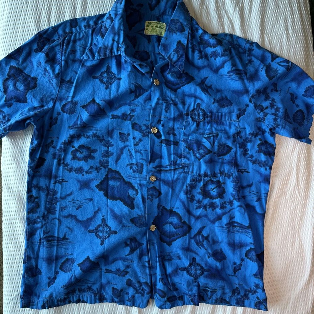 Vintage Ui-Maikai Hawaiian Shirt Mens L Blue Map Floral Made Hawaii 90s Cotton